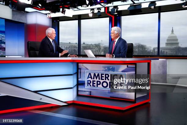 Former Vice President Mike Pence visits FOX News Channel’s "America Reports" with John Roberts at the FOX News D.C. Bureau on January 30, 2024 in...