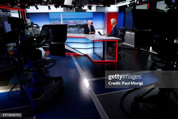 Former Vice President Mike Pence visits FOX News Channel’s "America Reports" with John Roberts at the FOX News D.C. Bureau on January 30, 2024 in...