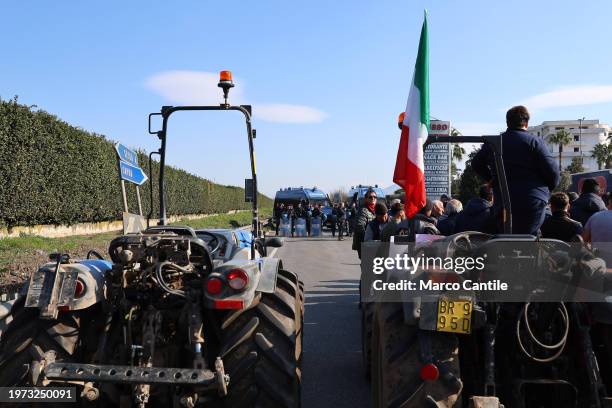 Farmers on their tractors, stopped by the police, during the demonstration to protest against the "Green Deal" initiatives, approved by the European...