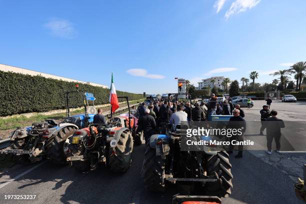 Farmers on their tractors, stopped by the police, during the demonstration to protest against the "Green Deal" initiatives, approved by the European...
