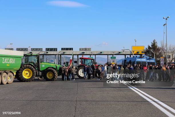 Farmers on their tractors, in front of the highway entrance, block traffic during the demonstration to protest against the "Green Deal" initiatives,...