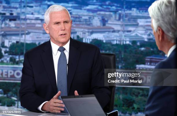 Former Vice President Mike Pence visits FOX News Channel’s "America Reports" with John Roberts at the FOX News D.C. Bureau on January 30, 2024 in...