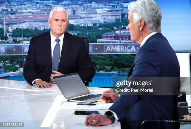 Former Vice President Mike Pence visits FOX News Channel’s "America Reports" with John Roberts at the FOX News D.C. Bureau on January 30, 2024 in...