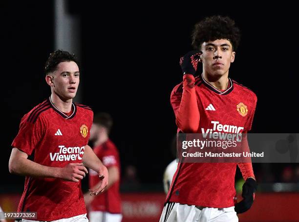 Ethan Wheatley of Manchester United U18s celebrates scoring their first goal during the U18 Premier League match between Manchester United U18s and...
