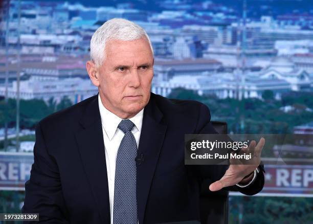 Former Vice President Mike Pence visits FOX News Channel’s "America Reports" with John Roberts at the FOX News D.C. Bureau on January 30, 2024 in...