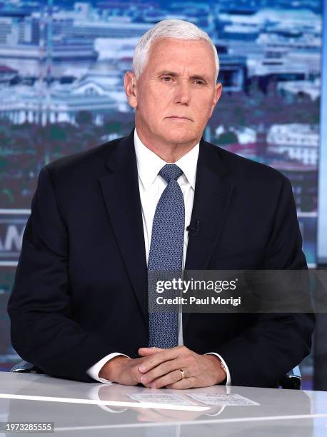 Former Vice President Mike Pence visits FOX News Channel’s "America Reports" with John Roberts at the FOX News D.C. Bureau on January 30, 2024 in...