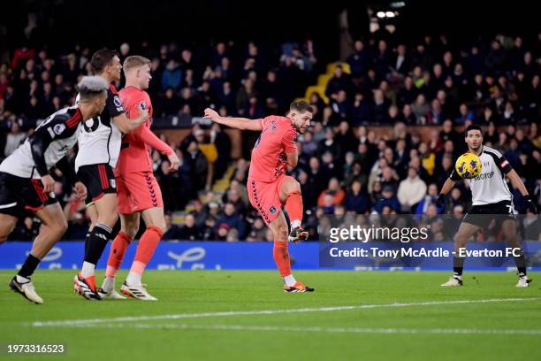 James Tarkowski of Everton with a chance on goal during the Premier League match between Fulham FC and Everton FC at Craven Cottage on January 30,...