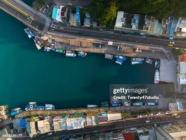 aerial view of zhengbin port color houses in keelung city, taiwan - docklands studio stock pictures, royalty-free photos & images