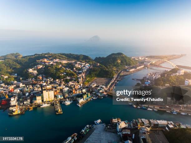aerial view of zhengbin port color houses in keelung city, taiwan - keelung stock pictures, royalty-free photos & images