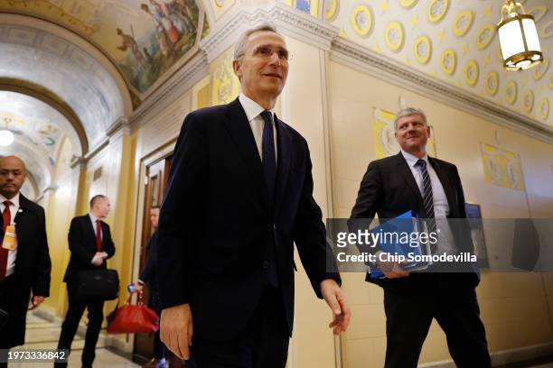 Secretary General Jens Stoltenberg moves between meetings at the U.S. Capitol on January 30, 2024 in Washington, DC. Stoltenberg is in Washington to...