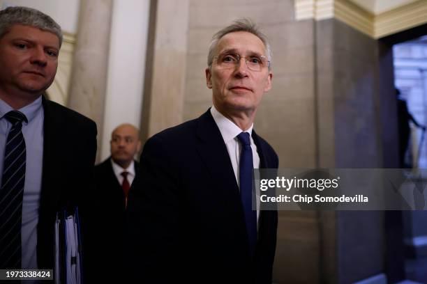 Secretary General Jens Stoltenberg leaves the offices of Speaker of the House Mike Johnson following meetings at the U.S. Capitol on January 30, 2024...