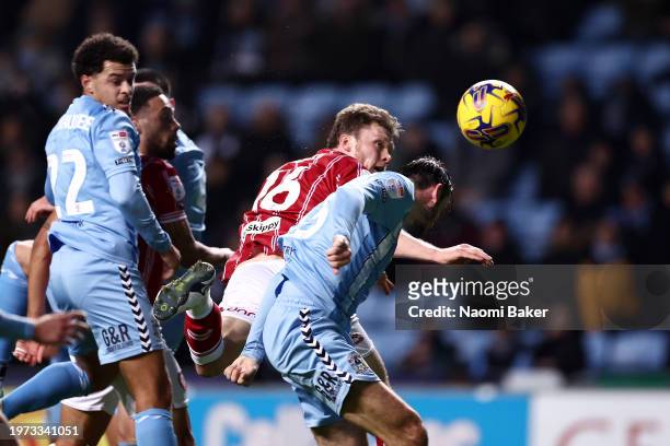 Rob Dickie of Bristol City scores his team's first goal during the Sky Bet Championship match between Coventry City and Bristol City at The Coventry...