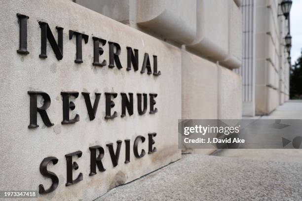 Sign marks the front entrance to the Internal Revenue Service headquarters building on January 30 in Washington, DC.