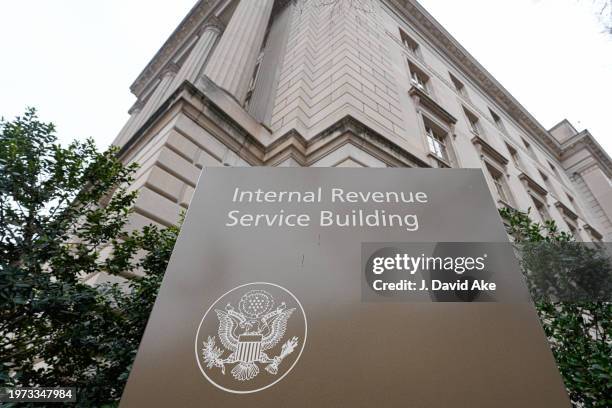 Sign marks the Internal Revenue Service headquarters building on January 30 in Washington, DC.