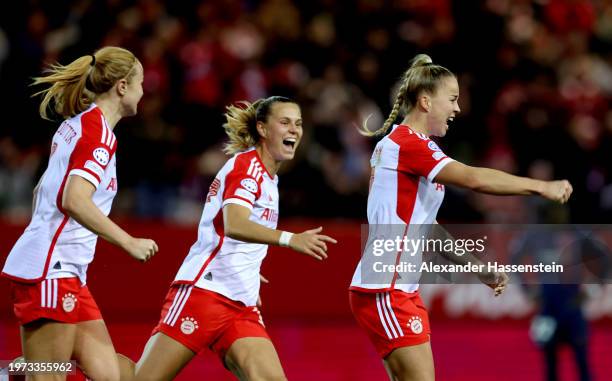 Giulia Gwinn of Bayern Munich celebrates with teammates after scoring her team's first goal during the UEFA Women's Champions League group stage...