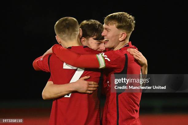 Jayce Fitzgerald of Manchester United U18s celebrates scoring their second goal during the U18 Premier League match between Manchester United U18s...