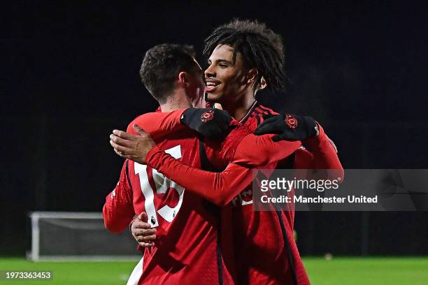 James Scanlon of Manchester United U18s celebrates scoring their fourth goal during the U18 Premier League match between Manchester United U18s and...