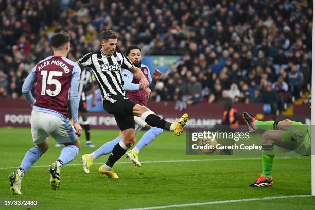 Fabian Schaer of Newcastle United scores his team's second goal during the Premier League match between Aston Villa and Newcastle United at Villa...