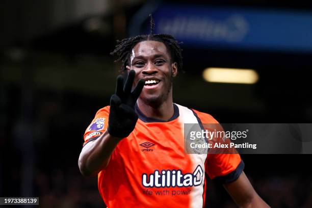 Elijah Adebayo of Luton Town celebrates scoring his team's fourth goal, his hat-trick, during the Premier League match between Luton Town and...