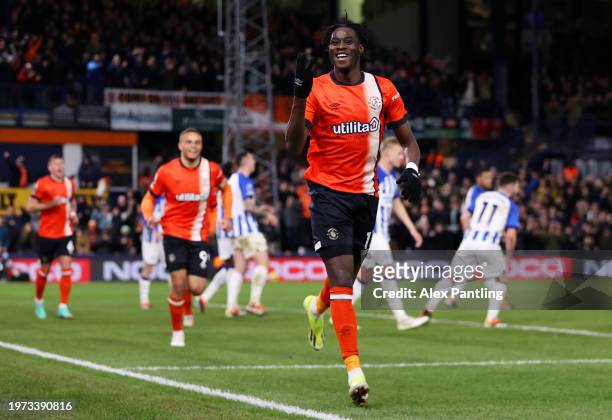 Elijah Adebayo of Luton Town celebrates scoring his team's fourth goal, his hat-trick, during the Premier League match between Luton Town and...