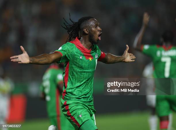 Issoufou Dayo of Burkina Faso celebrates before his goal was ruled out for offside during the TotalEnergies CAF Africa Cup of Nations round of 16...
