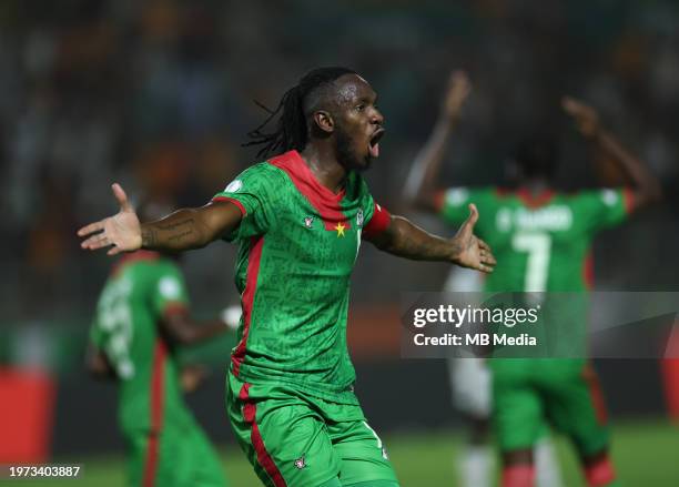 Issoufou Dayo of Burkina Faso celebrates before his goal was ruled out for offside during the TotalEnergies CAF Africa Cup of Nations round of 16...