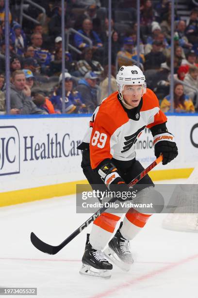 Cam Atkinson of the Philadelphia Flyers skates against the St. Louis Blues at Enterprise Center on January 15, 2024 in St Louis, Missouri.