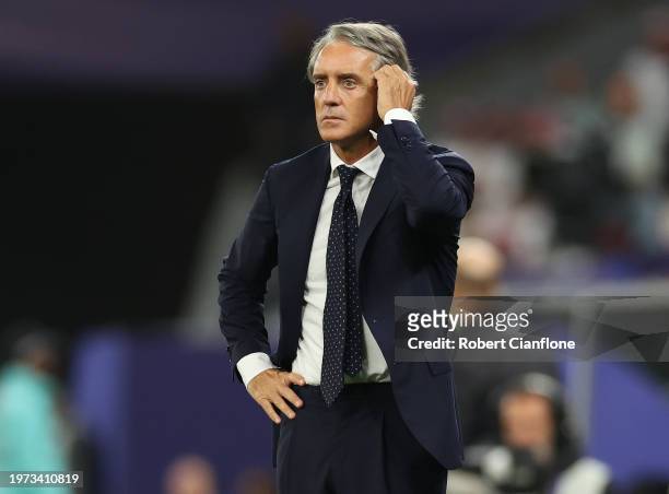 Roberto Mancini, Head Coach of Saudi Arabia reacts during the AFC Asian Cup Round of 16 match between Saudi Arabia and South Korea at Education City...