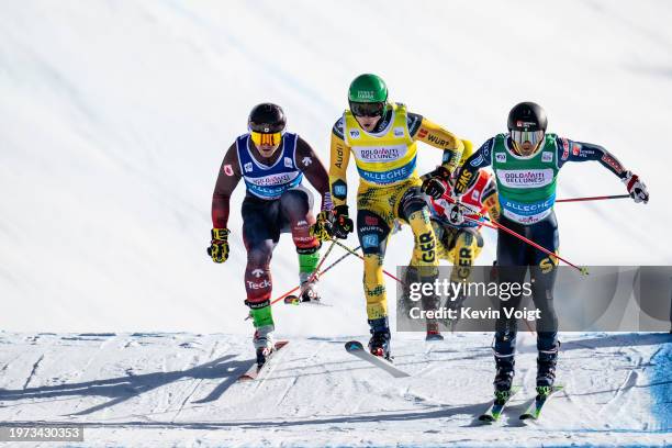 Reece Howden of Canada, Florian Wilmsmann of Germany and Erik Mobaerg of Sweden in action during the FIS Freestyle World Cup Men's and Women's Ski...