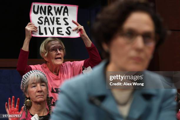 Demonstrators stage a protest during a hearing before the Subcommittee on Oversight and Accountability of House Foreign Affairs Committee at the U.S....