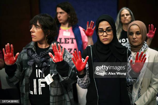 Demonstrators stage a protest during a hearing before the Subcommittee on Oversight and Accountability of House Foreign Affairs Committee at the U.S....