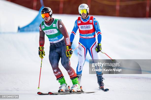 Reece Howden of Canada and Youri Duplessis Kergomard of France in action during the FIS Freestyle World Cup Men's and Women's Ski Cross Finals on...