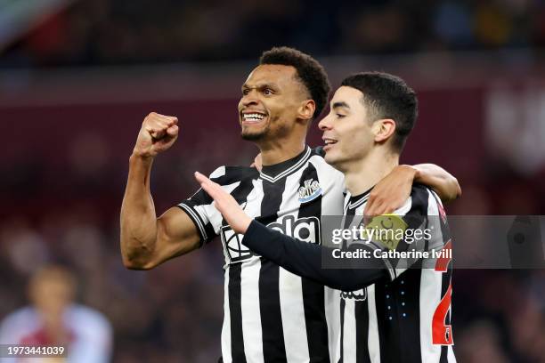 Jacob Murphy of Newcastle United celebrates with Miguel Almiron of Newcastle United after scoring his team's third goal during the Premier League...