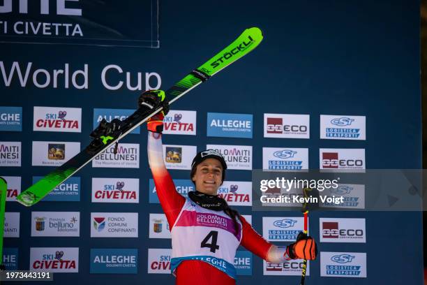 Talina Gantenbein of Switzerland celebrates at the medal ceremony for placing third at the FIS Freestyle World Cup Men's and Women's Ski Cross Finals...