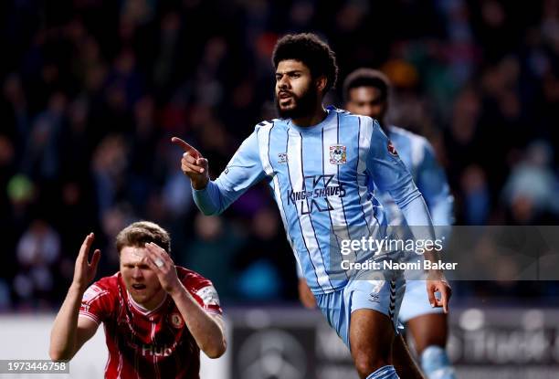 Ellis Simms of Coventry City celebrates scoring his team's second goal during the Sky Bet Championship match between Coventry City and Bristol City...