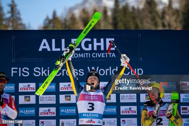 Erik Mobaerg of Sweden celebrates at the medal ceremony for winning the FIS Freestyle World Cup Men's and Women's Ski Cross Finals on February 2,...