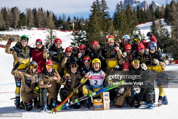 Niklas Bachsleitner of Germany celebrates with the team after the medal ceremony for the FIS Freestyle World Cup Men's and Women's Ski Cross Finals...