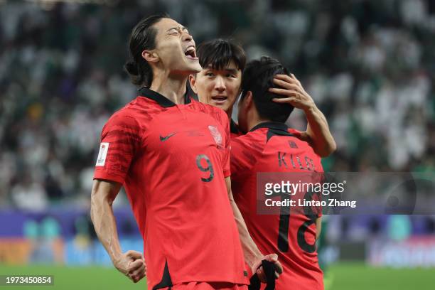 Cho Gue-Sung of South Korea celebrates scoring their first goal during the AFC Asian Cup Round of 16 match between Saudi Arabia and South Korea at...