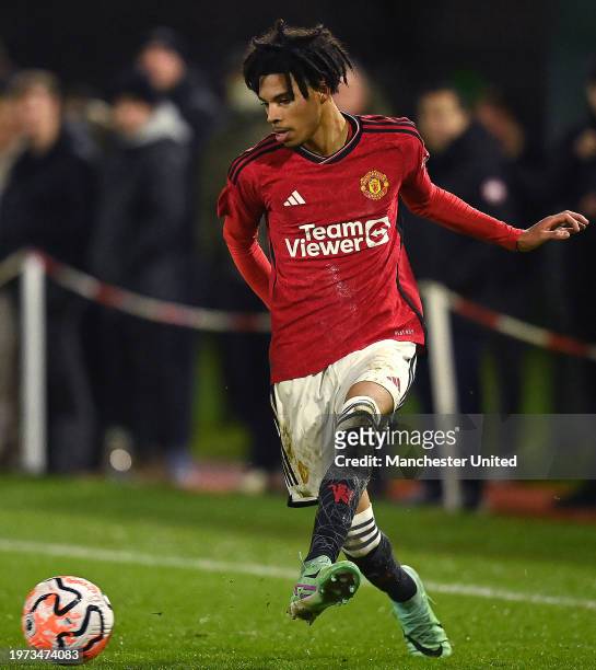 Ethan Williams of Manchester United U18s in action during the U18 Premier League match between Manchester United U18s and Liverpool U18s at...