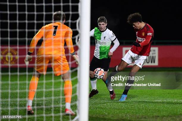 Ethan Wheatley of Manchester United U18s in action during the U18 Premier League match between Manchester United U18s and Liverpool U18s at...