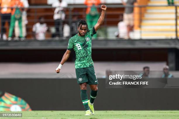 Nigeria's forward Ademola Lookman celebrates scoring his team's first goal during the Africa Cup of Nations 2024 quarter-final football match between...