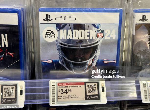 Electronic Arts sports video games for Sony PlayStation 5 are displayed on a shelf at a Best Buy store on January 30, 2024 in San Rafael, California....