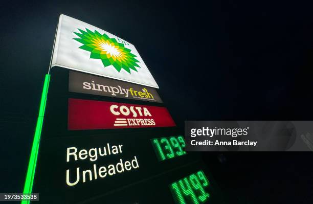 The BP logo is displayed outside a petrol station in Wellington on January 30, 2024 in Somerset, England. Oil giant BP, which saw recent spikes...