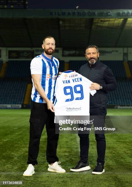 Kevin Van Veen is pictured alongside manager Derek McInnes after signing for Kilmarnock on Deadline Day at Rugby park, on February 02 in Kilmarnock,...