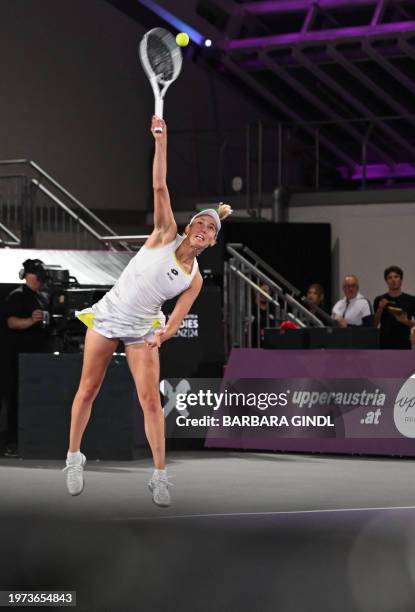 Belgium's Elise Mertens serves the ball to Russia's Anastasia Pavlyuchenkova during the WTA Upper Austria Ladies Linz tournament tennis match in...