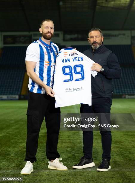 Kevin Van Veen is pictured alongside manager Derek McInnes after signing for Kilmarnock on Deadline Day at Rugby park, on February 02 in Kilmarnock,...