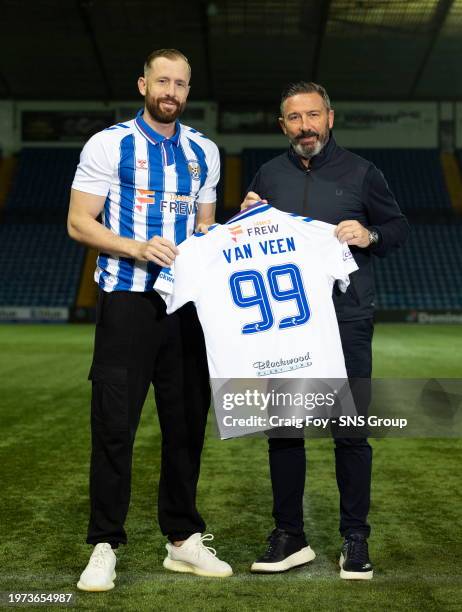 Kevin Van Veen is pictured alongside manager Derek McInnes after signing for Kilmarnock on Deadline Day at Rugby park, on February 02 in Kilmarnock,...