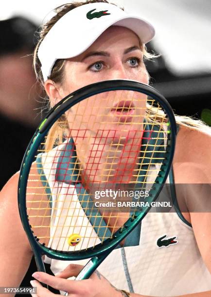 Russia's Anastasia Pavlyuchenkova reacts during the WTA Upper Austria Ladies Linz tournament tennis match against Belgium's Elise Mertens in Linz,...