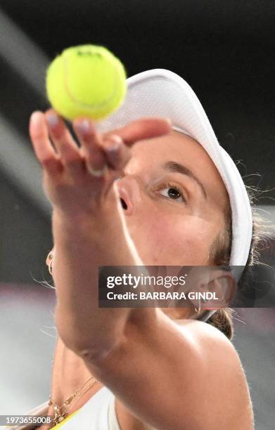 Belgium's Elise Mertens serves the ball to Russia's Anastasia Pavlyuchenkova during the WTA Upper Austria Ladies Linz tournament tennis match in...