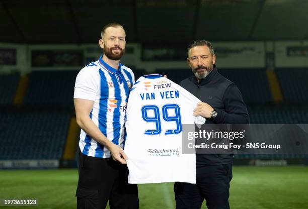 Kevin Van Veen is pictured alongside manager Derek McInnes after signing for Kilmarnock on Deadline Day at Rugby park, on February 02 in Kilmarnock,...